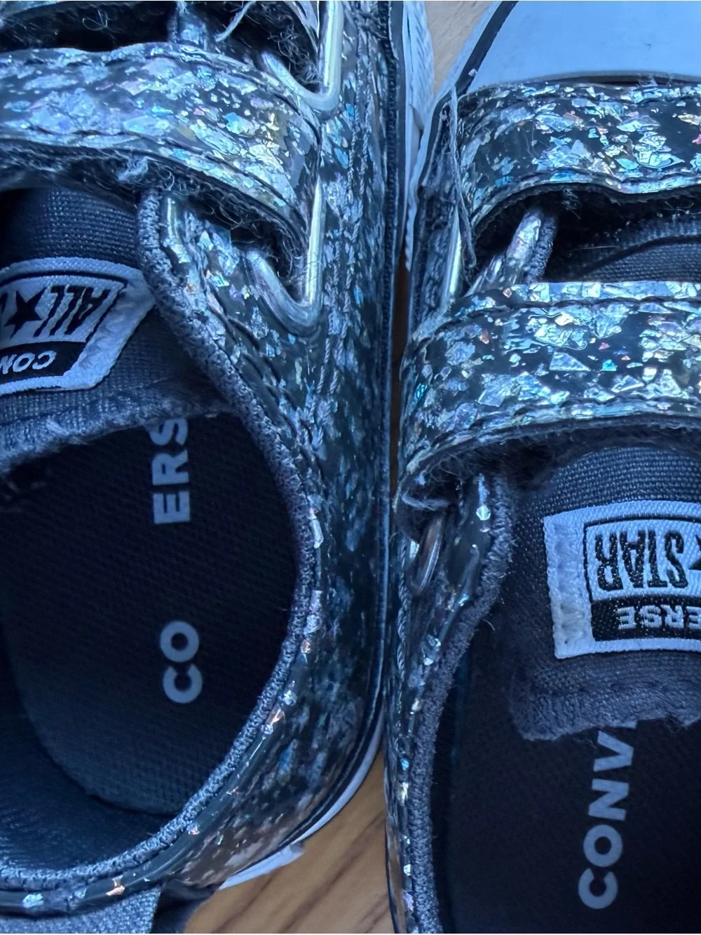 Converse All Star Infant 5 Metallic Glitter Velcro Sneakers Black Silver